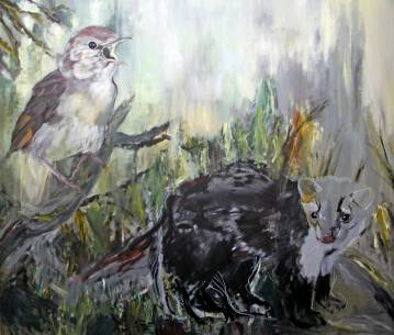 Nattergal & Husmår | Malerier | Louise Bech Pedersen | Beauton Art Gallery malerier, dyr, farverige, figurative, illustrative, landskab, dyreliv, botanik, insekter, vilde-dyr, brune, grønne, grå, akryl, hørlærred, olie, efterår, fugle, samtidskunst, dansk, design, skov, interiør, bolig-indretning, moderne, moderne-kunst, naturealistiske, nordisk, skandinavisk, træer, Køb original kunst og kunstplakater. Malerier, tegninger, limited edition kunsttryk & plakater af dygtige kunstnere.