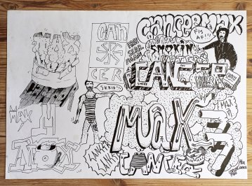 Cancer Max | Tegninger | Halfdan Pisket | Beauton Art Gallery tegninger, ekspressionistiske, figurative, illustrative, kroppe, tegneserier, mennesker, typografi, hvide, artliner, blæk, papir, sort-hvide, cigaretter, samtidskunst, københavn, moderne, moderne-kunst, Køb original kunst og kunstplakater. Malerier, tegninger, limited edition kunsttryk & plakater af dygtige kunstnere.