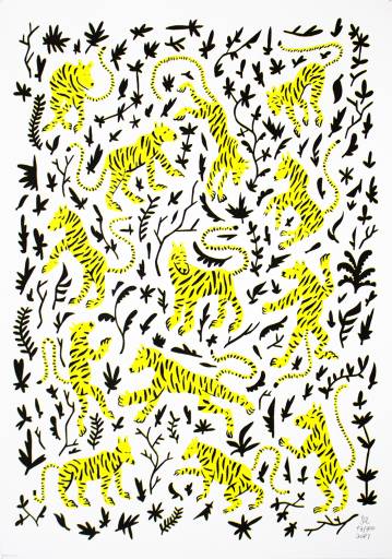 13 Tigers | Kunsttryk, Silketryk | Mormor | Beauton Art Gallery kunsttryk, silketryk, dyr, børnevenlige, figurative, grafiske, botanik, humor, mønstre, vilde-dyr, sorte, hvide, gule, blæk, papir, sjove, katte, samtidskunst, sød, dansk, dekorative, design, blomster, interiør, bolig-indretning, moderne, moderne-kunst, nordisk, plakater, skandinavisk, vilde-dyr, Køb original kunst og kunstplakater. Malerier, tegninger, limited edition kunsttryk & plakater af dygtige kunstnere.