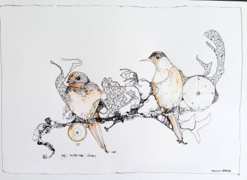 Psst im here - 40 x 29 cm. En original illustration af Marianne Stenberg illustrationer perfekt til hjemmet bolig indretning, original kunst, gave ide, gallerier, dygtige kunstnere, tegnere Collage udstillet i ramme