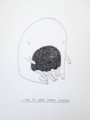 I try to keep them inside  - 18 x 24 cm - En original illustration af kunstner My Buemann