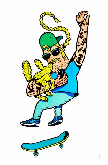 Skaterboy | Kunsttryk, Gicleé | Mormor | Beauton Art Gallery kunsttryk, gicleé, børnevenlige, figurative, illustrative, minimalistiske, portræt, kroppe, humor, sport, blå, grønne, turkise, gule, blæk, papir, sjove, drenge, samtidskunst, dansk, dekorative, design, interiør, bolig-indretning, mænd, moderne, moderne-kunst, nordisk, pop-art, plakater, skandinavisk, Køb original kunst og kunstplakater. Malerier, tegninger, limited edition kunsttryk & plakater af dygtige kunstnere.