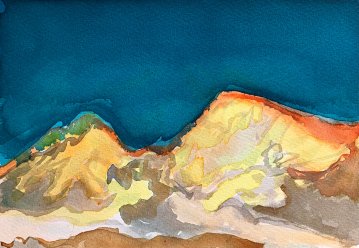 gouache-malerier, akvarel-malerier, abstrakte, æstetiske, landskab, natur, himmel, blå, brune, gule, papir, akvarel, smukke, samtidskunst, dekorative, design, interiør, bolig-indretning, moderne, moderne-kunst, bjerge, Køb original kunst og kunstplakater. Malerier, tegninger, limited edition kunsttryk & plakater af dygtige kunstnere.