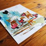 Snehvide og dværge | Tegninger | Louise Bech Pedersen | Beauton Art Gallery tegninger, farverige, børnevenlige, surrealistiske, børn, mennesker, orange, røde, turkise, akryl, papir, olie, blyant, andre-medier, abstrakte-former, smukke, lyse, sød, dekorative, ansigter, fantasi, kvindelig, naive, skitse, lodret, kvinder, Køb original kunst af den højeste kvalitet. Malerier, tegninger, limited edition kunsttryk & plakater af dygtige kunstnere.