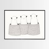 Three Monsters | Kunsttryk, Gicleé | My Buemann | Gicleé kunstplakat af My Buemann.Trykt med pigmenteret UV-beskyttet blæk på 200 gr./m2 kunstpapir.Kunsttrykket passer til en A3. Ramme er ikke inkluderet.Pakkes forsvarligt i en kartonæske. | Beauton Art Gallery kunsttryk, gicleé, dyr, børnevenlige, figurative, illustrative, minimalistiske, tegneserier, børn, humor, sorte, hvide, blæk, papir, sjove, dansk, dekorative, design, interiør, bolig-indretning, kærlighed, nordisk, plakater, tryk, skandinavisk, Køb original kunst og kunstplakater. Malerier, tegninger, limited edition kunsttryk & plakater af dygtige kunstnere.