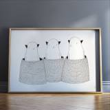 Three Monsters | Kunsttryk, Gicleé | My Buemann | Gicleé kunstplakat af My Buemann.Trykt med pigmenteret UV-beskyttet blæk på 200 gr./m2 kunstpapir.Kunsttrykket passer til en A3. Ramme er ikke inkluderet.Pakkes forsvarligt i en kartonæske. | Beauton Art Gallery kunsttryk, gicleé, dyr, børnevenlige, figurative, illustrative, minimalistiske, tegneserier, børn, humor, sorte, hvide, blæk, papir, sjove, dansk, dekorative, design, interiør, bolig-indretning, kærlighed, nordisk, plakater, tryk, skandinavisk, Køb original kunst og kunstplakater. Malerier, tegninger, limited edition kunsttryk & plakater af dygtige kunstnere.