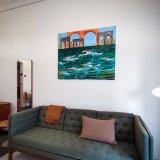 malerier, farverige, ekspressionistiske, figurative, landskab, arkitektur, natur, blå, grønne, orange, akryl, hørlærred, bygninger, ekspressionisme, sceneri, tid, levende, Køb original kunst og kunstplakater. Malerier, tegninger, limited edition kunsttryk & plakater af dygtige kunstnere.