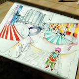 illustrationer. Udtryksfuldt moderne kunst. bygninger, farver, vandmelon. talentfulde kunstnere, online kunstgalleri.