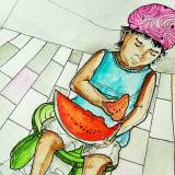 illustrationer. Udtryksfuldt moderne kunst. bygninger, farver, vandmelon. talentfulde kunstnere, online kunstgalleri.