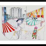 illustrationer. Udtryksfuldt moderne kunst. bygninger, farver, vandmelon. talentfulde kunstnere, online kunstgalleri.