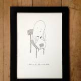 Kunst udstilling, I think I will stay here a little while - 30 x 21. En original illustration af My Buemann. Illustrationen er indrammet i en sort træramme. Sort hvid illustrationer perfekt til hjemmet bolig indretning, original kunst, gave ide, gallerier, dygtige kunstnere, tegnere