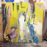 Extraordinary Helmets Have A Meeting | Malerier | Piotr Dudek | Beauton Art Gallery malerier, farverige, ekspressionistiske, stemninger, bevægelse, blå, grå, hvide, gule,  bomuldslærred, tusch, olie, abstrakte-former, ekspressionisme, ansigter, Køb original kunst af den højeste kvalitet. Malerier, tegninger, limited edition kunsttryk & plakater af dygtige kunstnere.