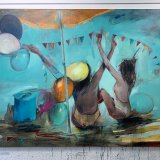 The celebration – Lost in celebration VI | Malerier | Marck Fink | Beauton Art Gallery malerier, farverige, ekspressionistiske, figurative, grafiske, kroppe, stemninger, bevægelse, mennesker, blå, orange, pink, gule, akryl, kul,  bomuldslærred, olie, atmosfære, strand, smukke, lyse, samtidskunst, københavn, ekspressionisme, piger, bolig-indretning, moderne, moderne-kunst, nordisk, skandinavisk, hav, sommer, sol, rejse, kvinder, Køb original kunst og kunstplakater. Malerier, tegninger, limited edition kunsttryk & plakater af dygtige kunstnere.