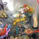 Hvorfor vil Fifraks ikke drikke fra vandpytten? | Malerier | Piotr Dudek | Beauton Art Gallery malerier, ekspressionistiske, grafiske, landskab, bevægelse, natur, dyreliv, grå, røde, hvide, gule,  bomuldslærred, olie, abstrakte-former, sceneri, vand, vilde-dyr, Køb original kunst af den højeste kvalitet. Malerier, tegninger, limited edition kunsttryk & plakater af dygtige kunstnere.