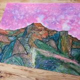 tegninger, malerier, akvarel-malerier, farverige, figurative, landskab, natur, himmel, grønne, pink, violette, kridt, papir, akvarel, andre-medier, samtidskunst, naturlig, rolige, Køb original kunst og kunstplakater. Malerier, tegninger, limited edition kunsttryk & plakater af dygtige kunstnere.