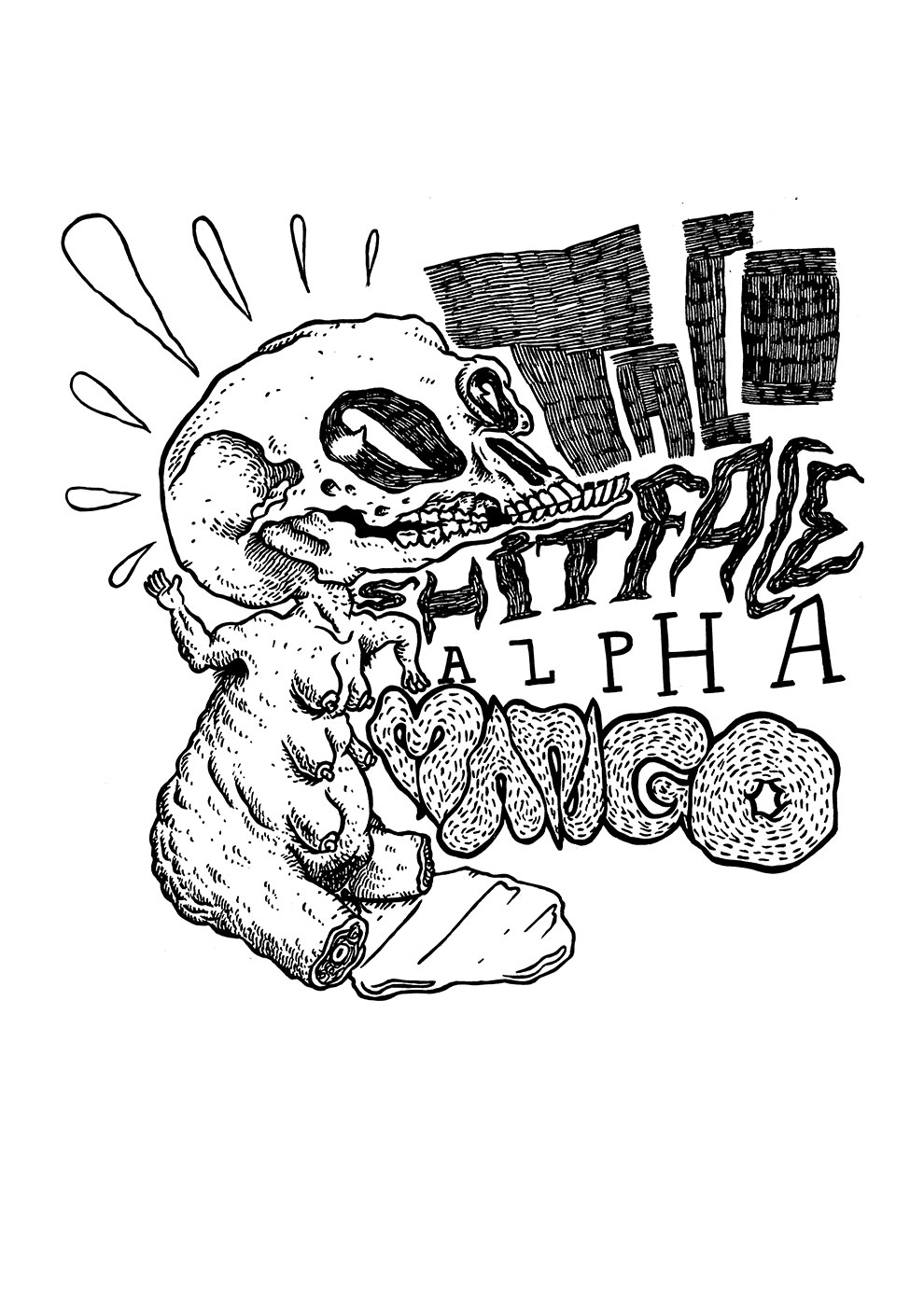 Taco Shitface Alpha Mango | Kunsttryk, Gliceé | Patrick Ringsborg | Beauton Art Gallery kunsttryk, gliceé, monokrome, surrealistiske, kroppe, tegneserier, humor, typografi, sorte, hvide, blæk, papir, sort-hvide, samtidskunst, interiør, bolig-indretning, moderne, moderne-kunst, plakater, tryk, Køb original kunst og kunstplakater. Malerier, tegninger, limited edition kunsttryk & plakater af dygtige kunstnere.