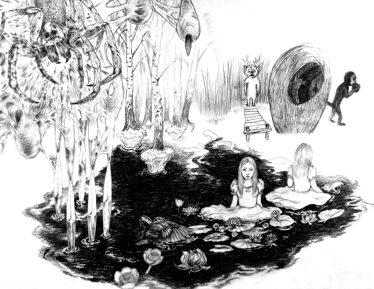 Time - 60 x 76. En original illustration af Louise Bech Pedersen. Beskyttet med klart stift plast/stift underlag af skiltekarton. Uden ramme. moderne online kunst - boligindretning originale kunst tegninger gallerier kunstnere