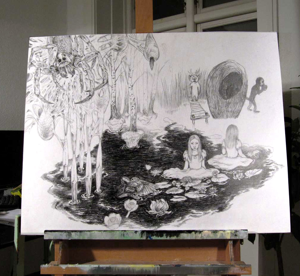 Time - 60 x 76. En original illustration af Louise Bech Pedersen. Beskyttet med klart stift plast/stift underlag af skiltekarton. Uden ramme. moderne online kunst - boligindretning originale kunst tegninger gallerier kunstnere