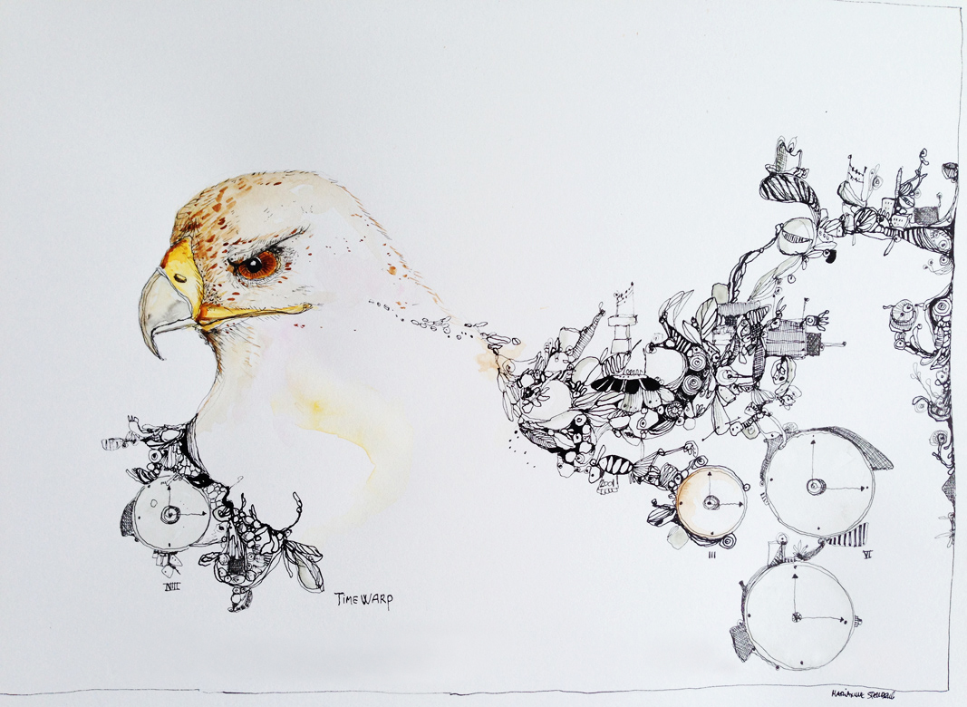 Timewarp - 40 x 29 cm. En original illustration af Marianne Stenberg illustrationer perfekt til hjemmet bolig indretning, original kunst, gave ide, gallerier, dygtige kunstnere, tegnere Collage udstillet i ramme