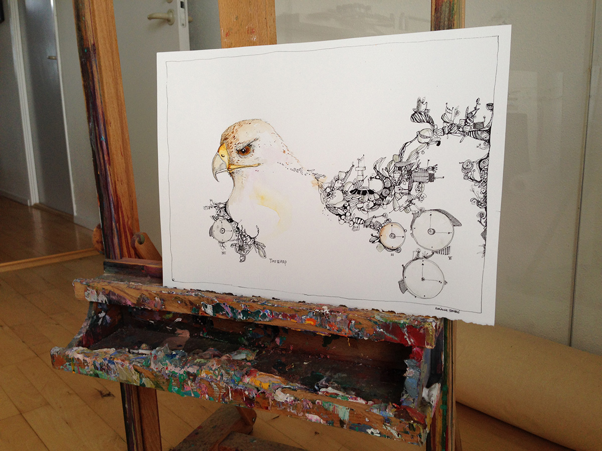 Timewarp - 40 x 29 cm. En original illustration af Marianne Stenberg stærke og udtryksfulde kunst illustrationer og tegninger, dygtig dansk illustrator, tegner, faverige