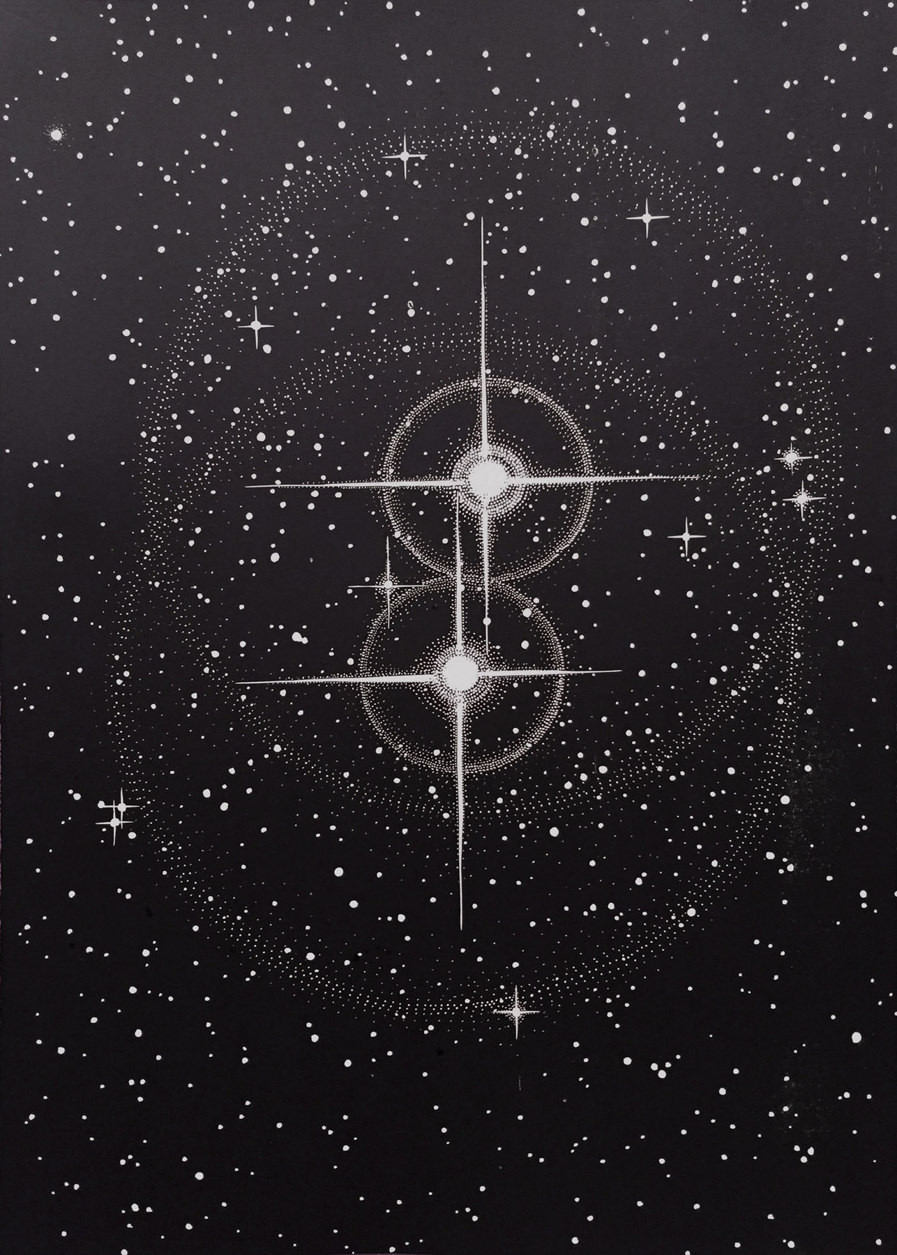 Twin Stars - 70 x 100 cm. Limited edition linoleumstryk af Marta Banaszak TWIN STARS linocut_black