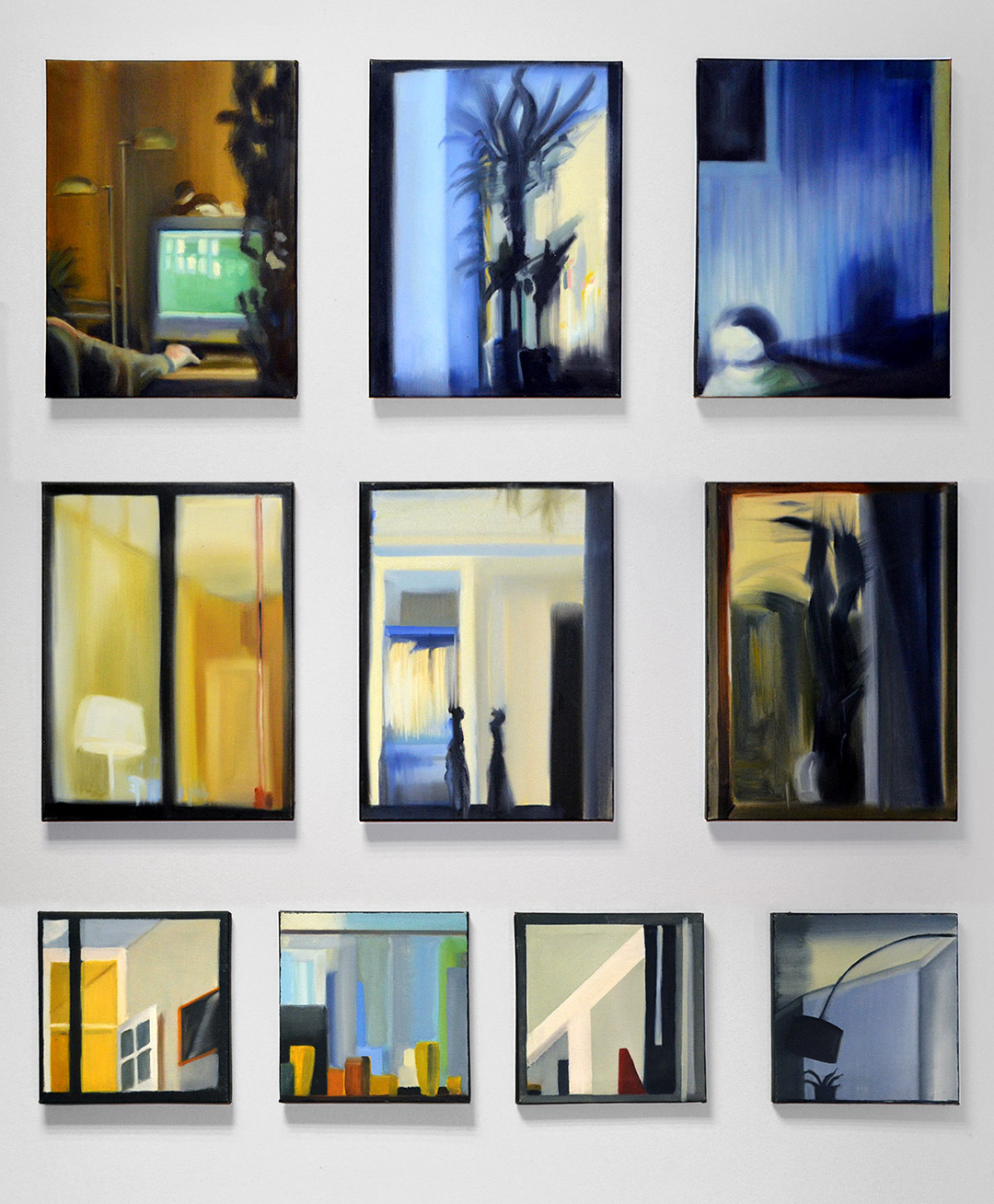 Vinduer IV | Malerier | Noemi Staniszewska | Beauton Art Gallery malerier, figurative, grafiske, arkitektur, kroppe, hverdagsliv, mønstre, sorte, brune, grønne,  bomuldslærred, olie, arkitektoniske, smukke, bygninger, samtidskunst, dekorative, design, interiør, bolig-indretning, moderne, moderne-kunst, vinduer, Køb original kunst og kunstplakater. Malerier, tegninger, limited edition kunsttryk & plakater af dygtige kunstnere.