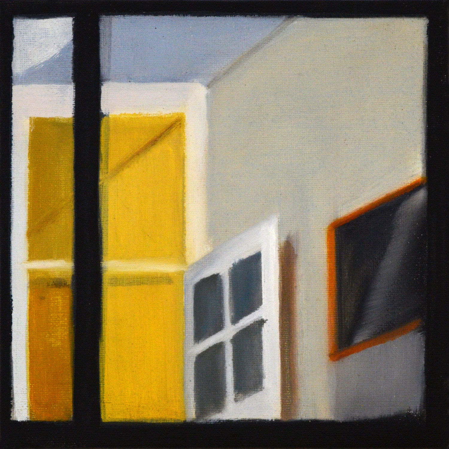 Vinduer VIII | Malerier | Noemi Staniszewska | Beauton Art Gallery malerier, æstetiske, figurative, grafiske, minimalistiske, arkitektur, hverdagsliv, mønstre, mennesker, beige, sorte, gule,  bomuldslærred, olie, smukke, samtidskunst, dekorative, design, interiør, bolig-indretning, moderne, moderne-kunst, vinduer, Køb original kunst og kunstplakater. Malerier, tegninger, limited edition kunsttryk & plakater af dygtige kunstnere.